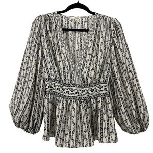 Max Studio Size Medium Blouse Black White Floral Stripe VNeck Smocked Peplum Top